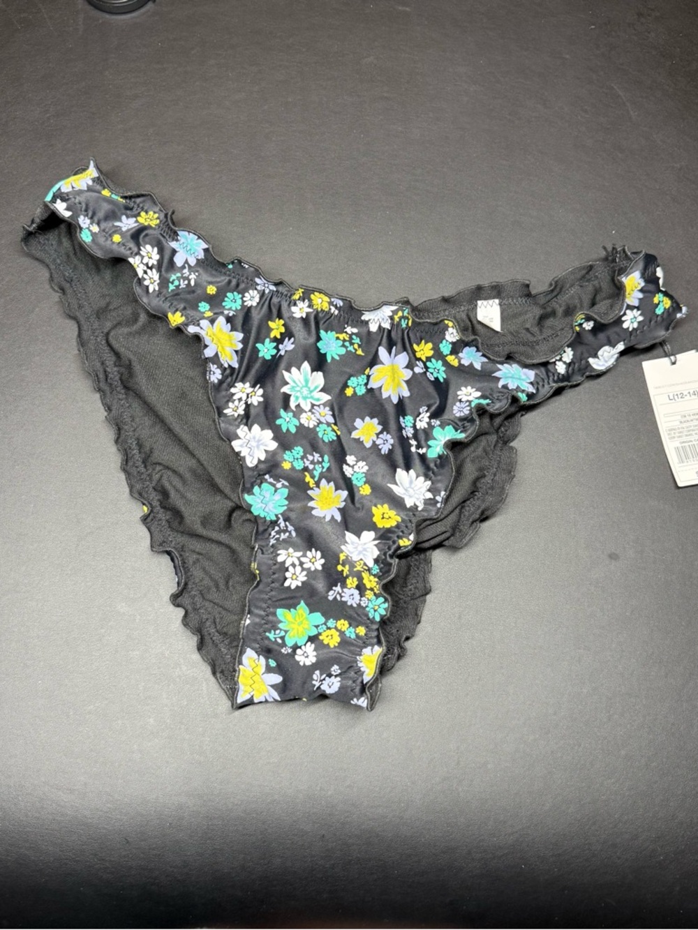 NWT Shade & Shore Black Floral Ruffle Bikini Bottoms with Teal & Yellow Accents